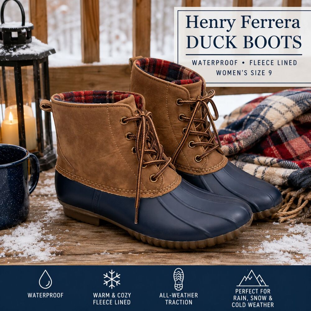 Henry Ferrera Duck Boots Womens 9 Waterproof Fleece Lined Plaid Rain Snow
